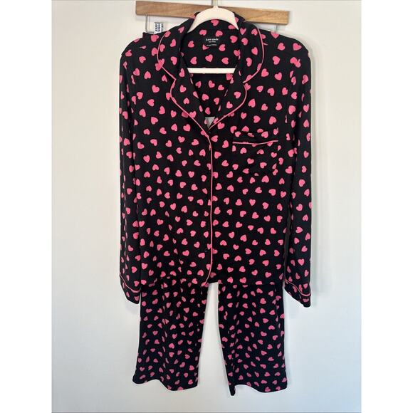 Kate Spade Black CUTE PINK HEARTS Stretch Knit Pajama/Lounge Set Women's Med - Picture 1 of 6
